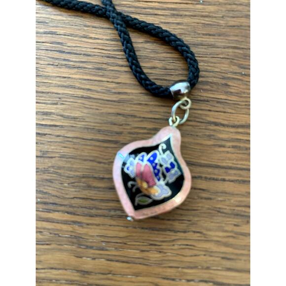 Vintage Cloisonne Floral Black Rope Victorian Pendant Necklace ~Chinese - Picture 3 of 7